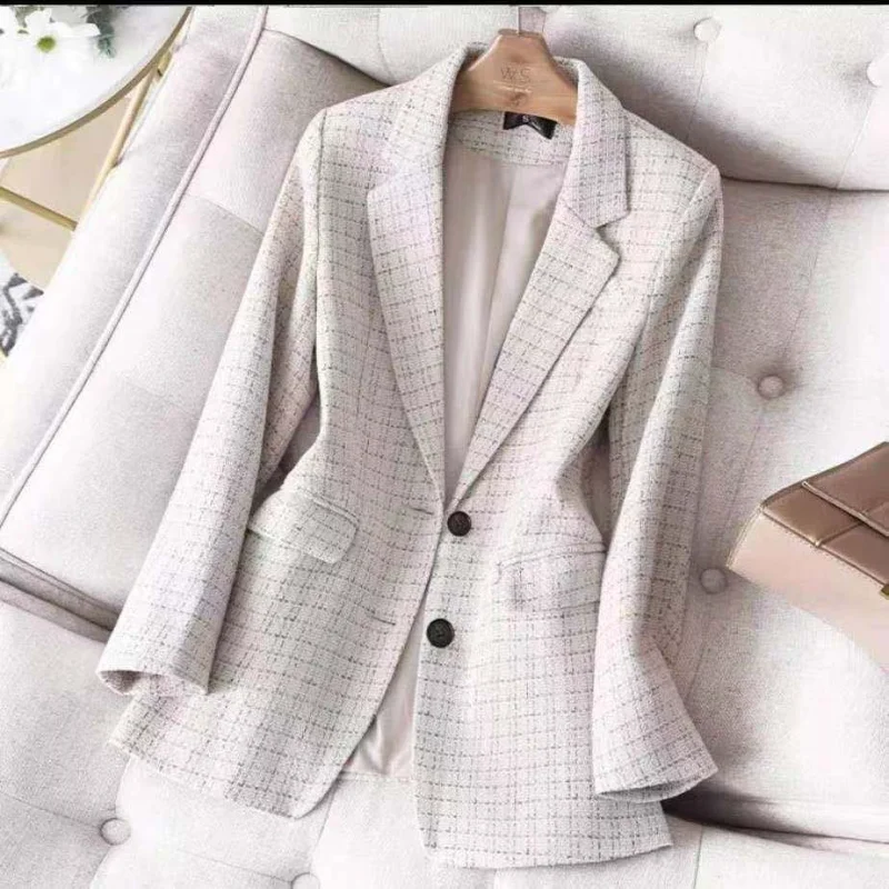 Imagem -03 - Xadrez Coreano Formal Tweed Mulheres Magro Blazers 5xl Escritório Elegante Cabolsas Branco Preto Trabalho Vintage Desgaste Outwear Novo 2023