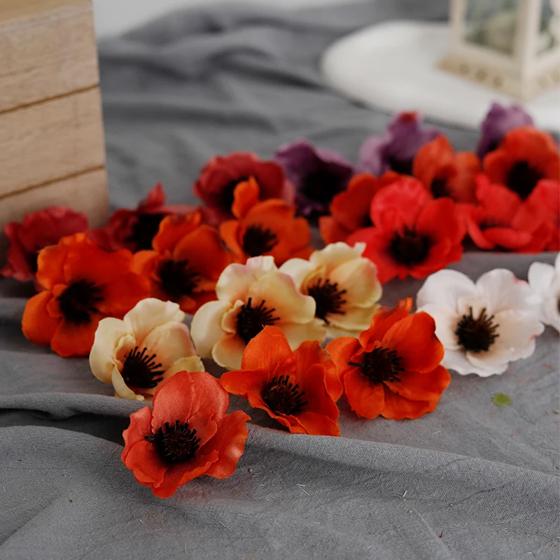 20pcs Poppy Artificial Flower Head Home Wedding Christmas Decor Fall Silk Anemone Fake Flower Gift Box Scrapbook DIY Accessories