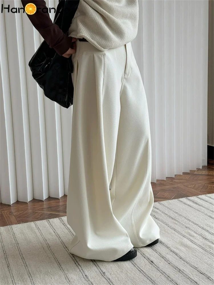 HanOrange 2024 Winter Fashion Wide Leg Pants Women Drop Feeling Thickened Trousers White/Gray