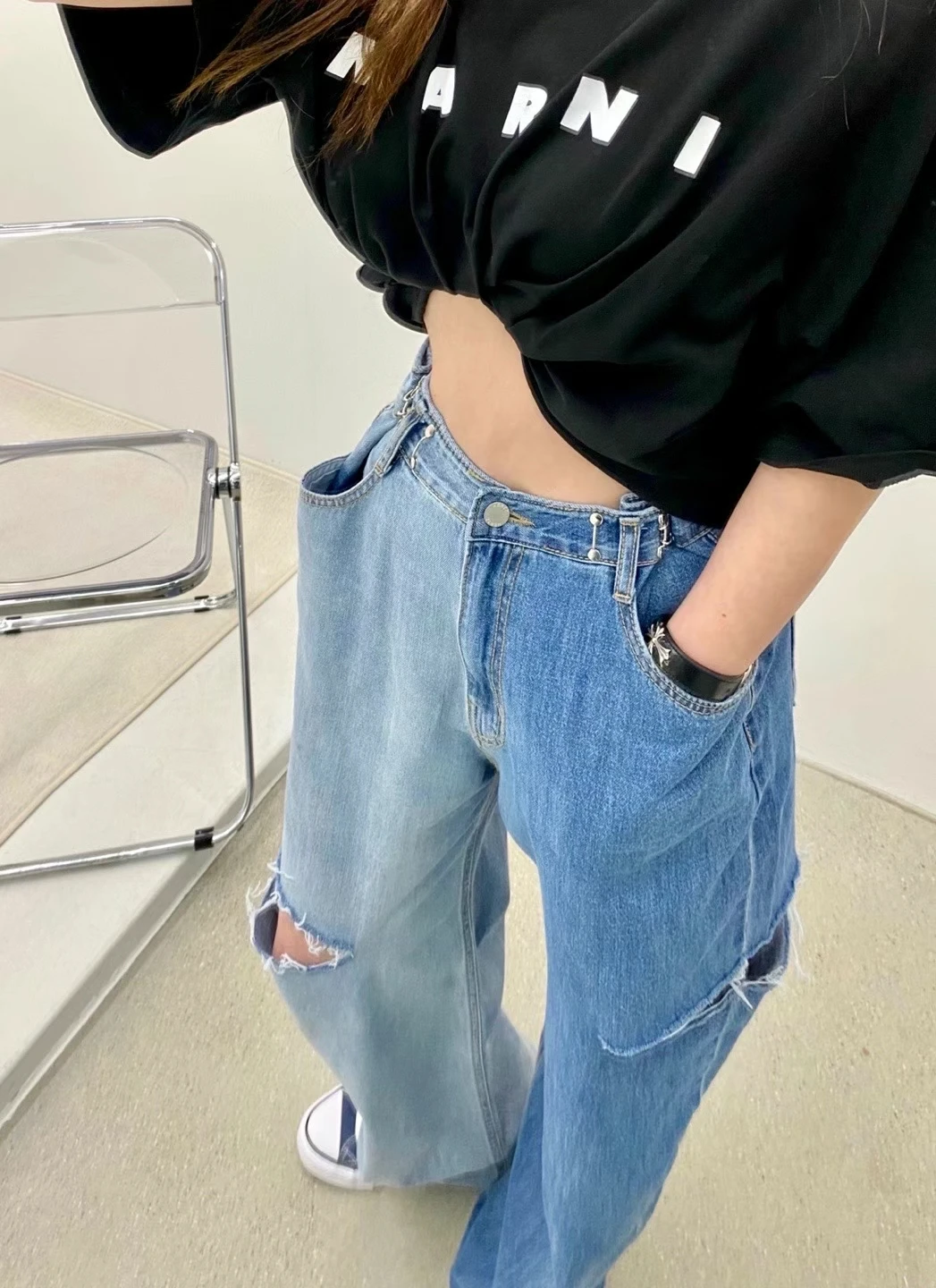 High Waist Bell Bottom Jeans Women's Vintage High Waist Button Slimming Loose Straight Leg Jeans with Hole And Color Match