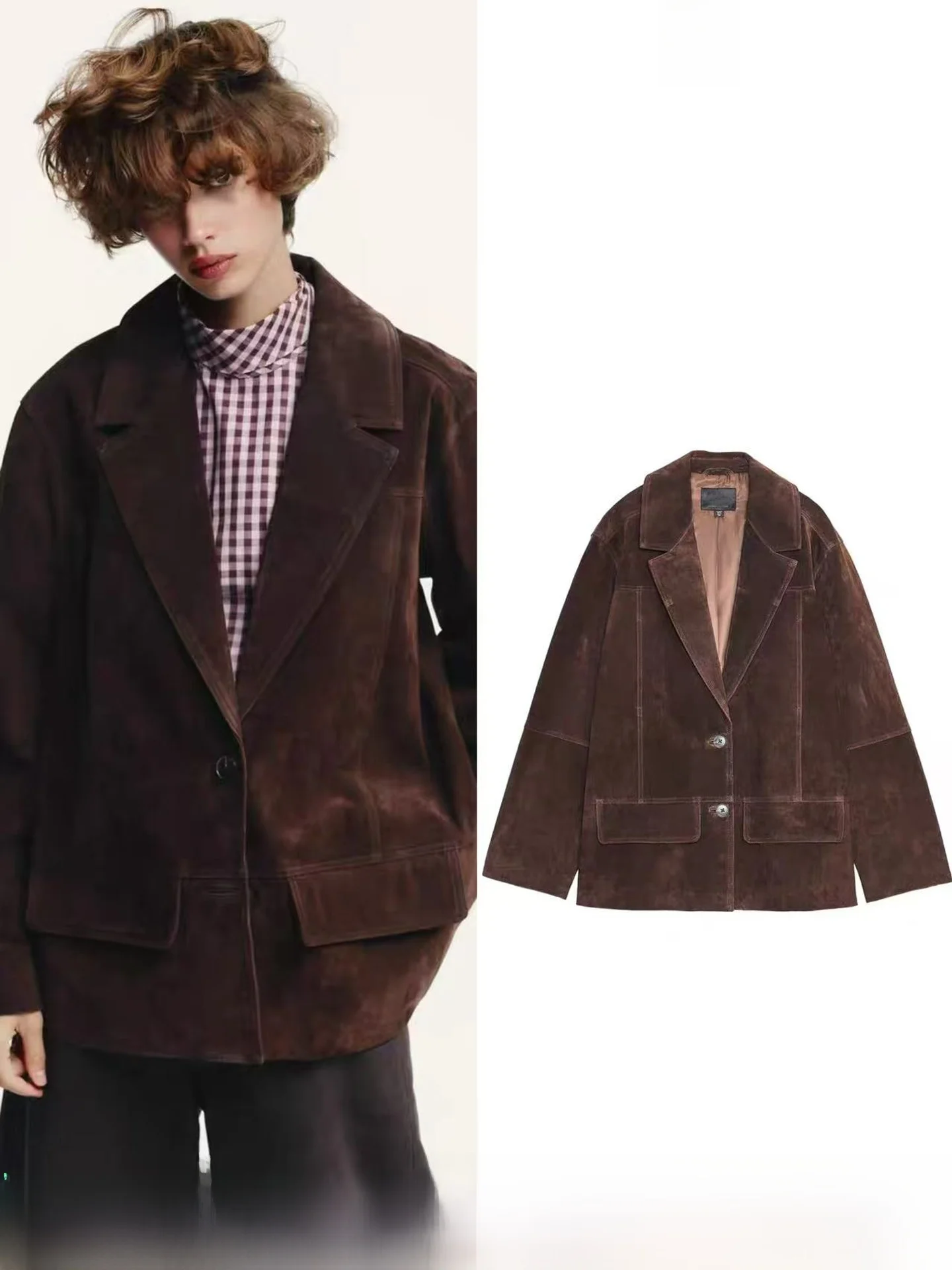 

Fall New Loose Casual Leather Faux Suede Jacket Women's Fashion Polyester Fiber Long Sleeve Regular Length Flat Collar Coat