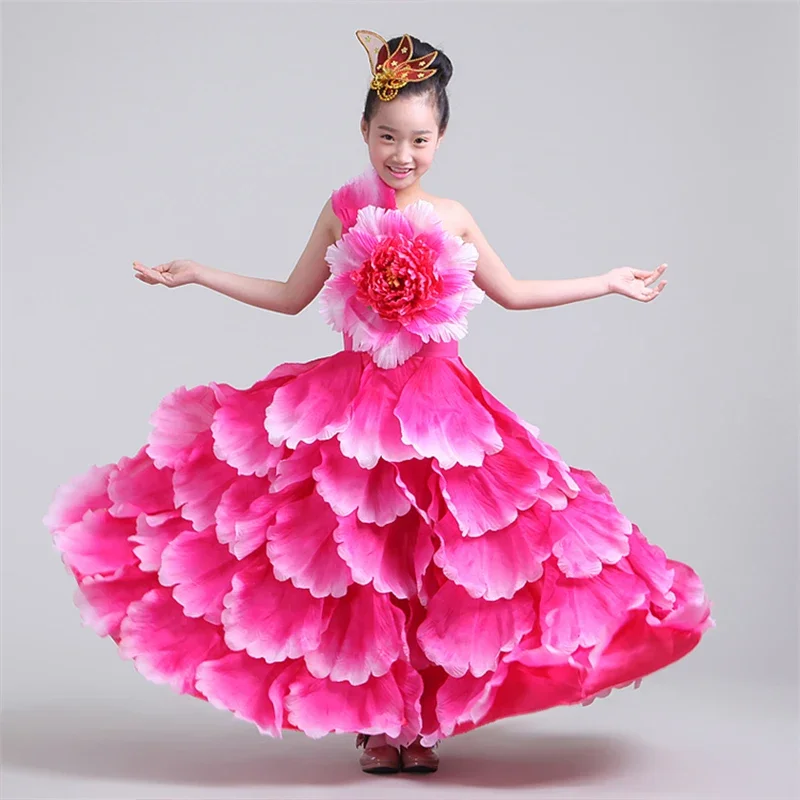 Vestido de dança flamenca para crianças, vestido tradicional cigano espanhol saia grande, plissado de pétala de flores, fantasia de palco para meninas, abertura