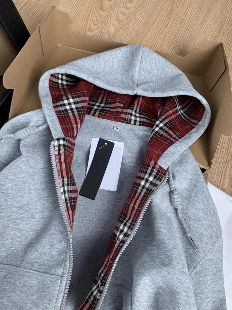 S-XL Baumwolle 100% Plaid Streifen Hoodie Zipper Strickjacke Sweatshirt Herbst Winter Neue Stil Lose Langarm Casual Streetwear Y2k