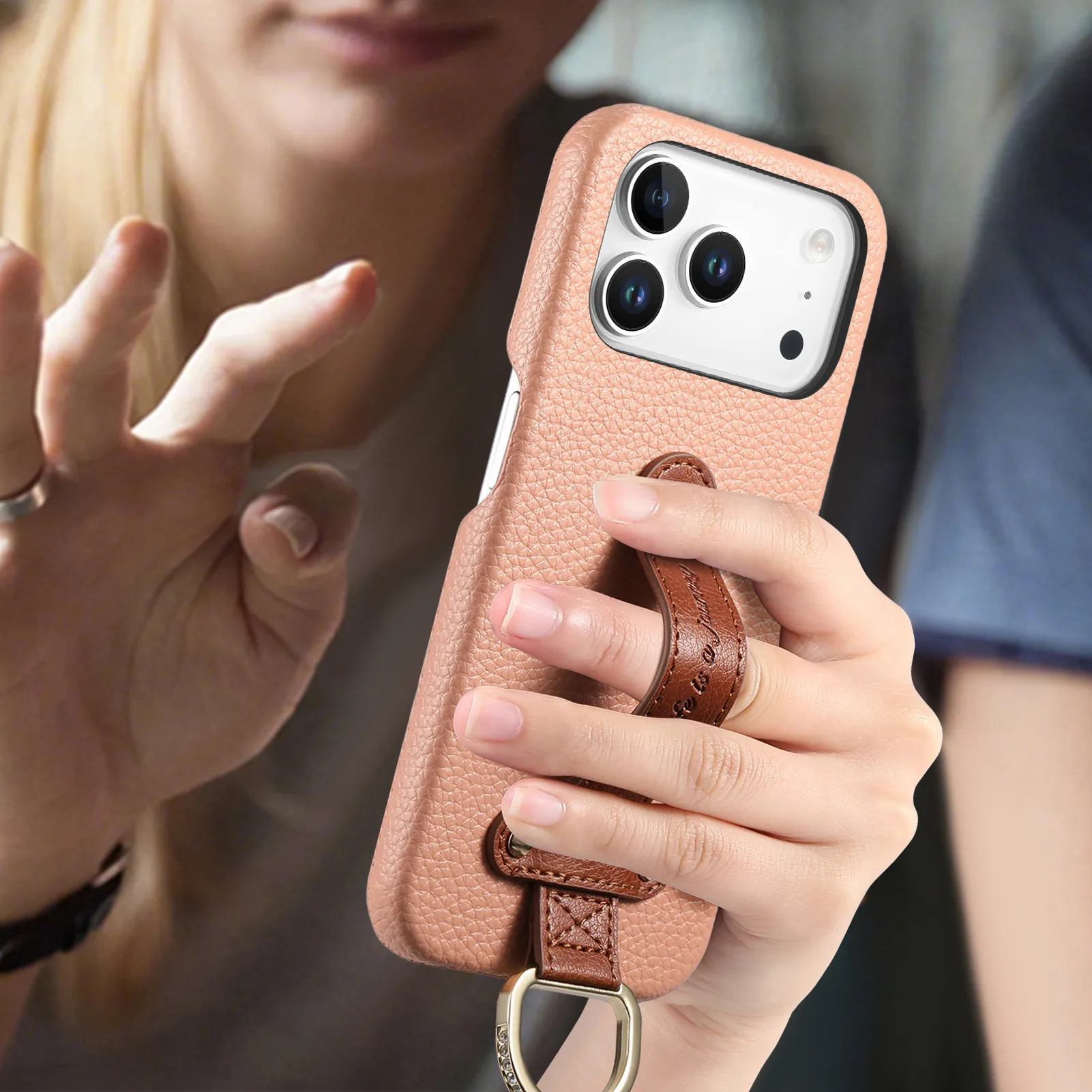 Fashion Lychee Textured Leather Wrist Strap Ring Phone Case For iPhone 17 Pro Max 16 Plus 15 14 13 12 Shockproof Portable cover - view 5