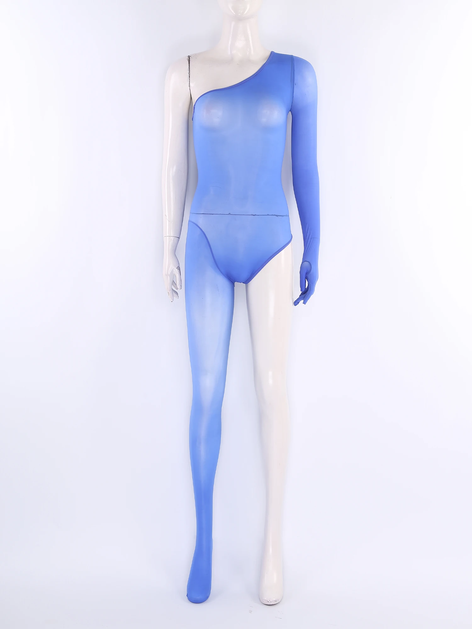 Women Glossy Sheer Mesh Bodysuit Wet Look One-piece Nightwear One Sleeve Asymmetrical Jumpsuits Pantyhose for Nightclub Dating