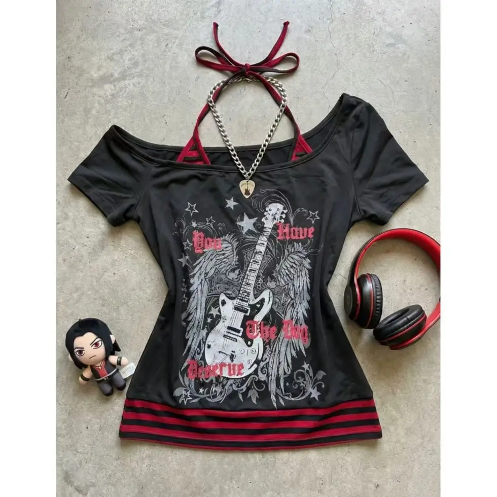 Stripes Patchwork Straps Halter Top Short-sleeved T-shirt Summer New Spicy Girl Slim Waist False Two-piece Graphic T Shirts