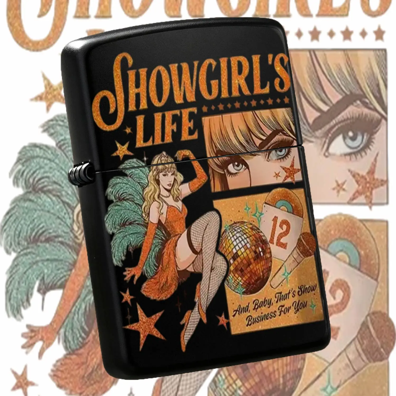 Vintage Showgirl Themed Portable Lighter, Glitter Orange Comic Style Decor, Disco Ball Microphone 12 Elements Design, Suitable For Daily Gathering Outdoor Multiple Scenarios, Trendy Creative Practical Portable Item, Nic A Humorous And Inter