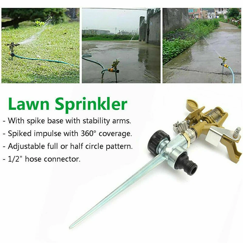Water Sprinkler Garden Lawn Impulse Metal Spray Nozzle With Spike Needle Insertion Grass Hose Connector 360 Degree Irrigation
