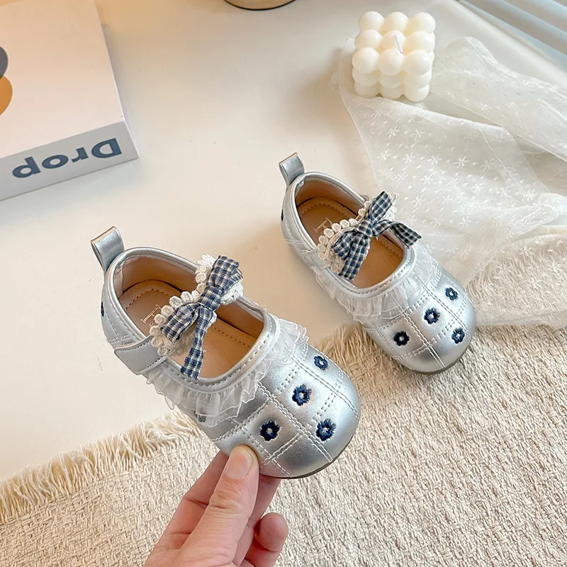 

Girls' Lace-trimmed Leather Shoes, Spring Summer 2026, Little Girls' Floral Plaid Bow Solid Color Princess Shoes Academic Style