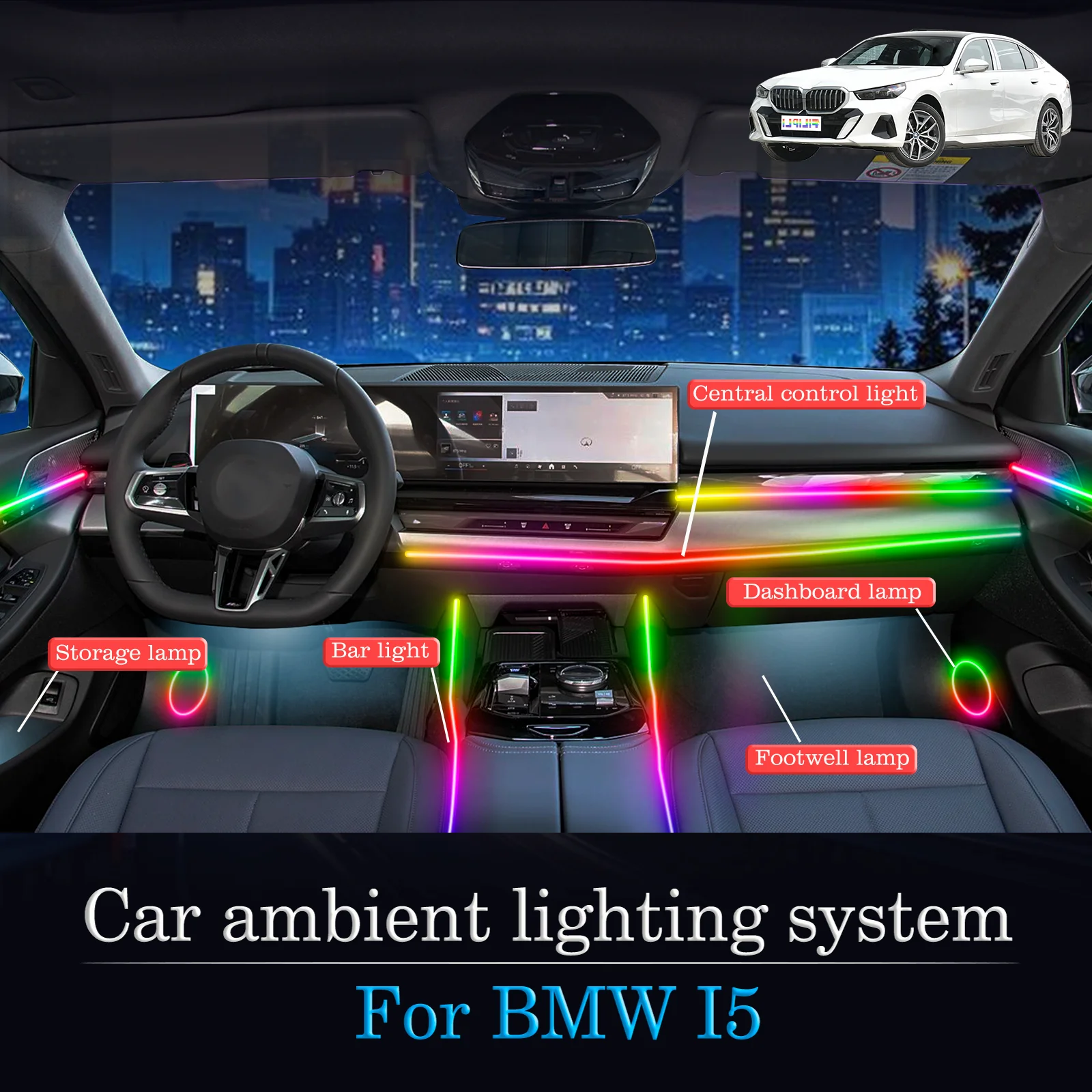 

For BMW I5 Car Interior Mood Ambient Light RGB 64-Color LED Smart Remote Control Atmosphere Lamp Energy Saving Kit