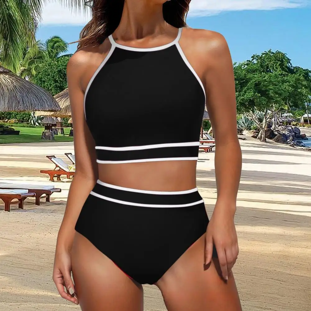 Sporty Color Block Swimsuit 2Pcs/Set Women Bikini Set Halter Racer Back Bra High Waist Swimming Briefs Set with Mesh Cover-up