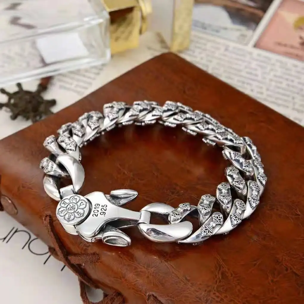 S925 sterling silver retro ethnic style six character mantra diamond pestle men's bracelet jewelry Thai silver domineering coars