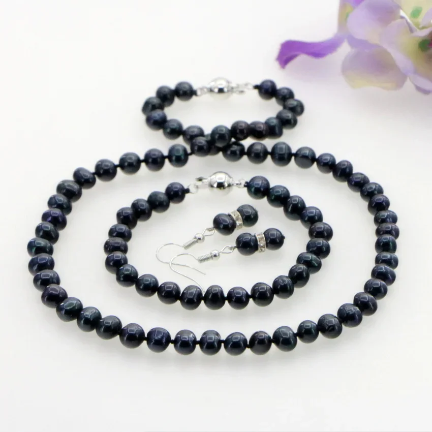 Free New Fashion Jewelry Natural 7-8mm Black Akoya Pearl Necklace Bracelet Earring Sets AAA Woman Girl Christmas Wedding Gift