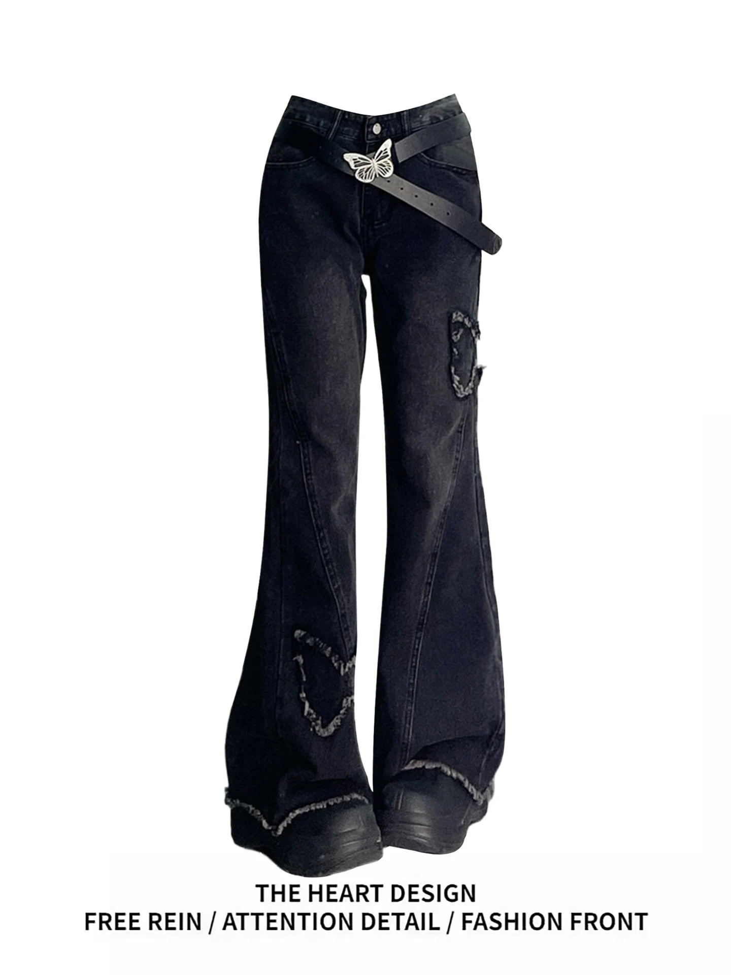 

American Retro High Waist Bell Bottom Denim Jeans Women's Spring New Style Splicing Frayed Slimming Floor-Leng...