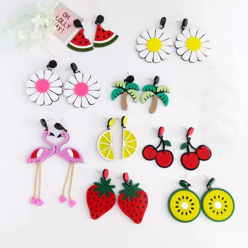 FishPeach Geometric Red Lips Flowers Fruits Exaggerated Long Acrylic Drop Earrings For Women Punk Night Club Pendientes Jewelry