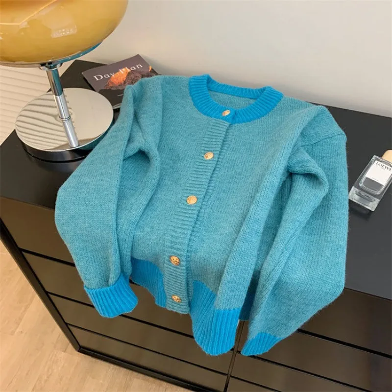 

Fashion Lazy Style Blue Cardigan Sweaters Spring Autumn O-neck Knitted Top for Women 2025 New Loose Long Sleeve Coat Sweater