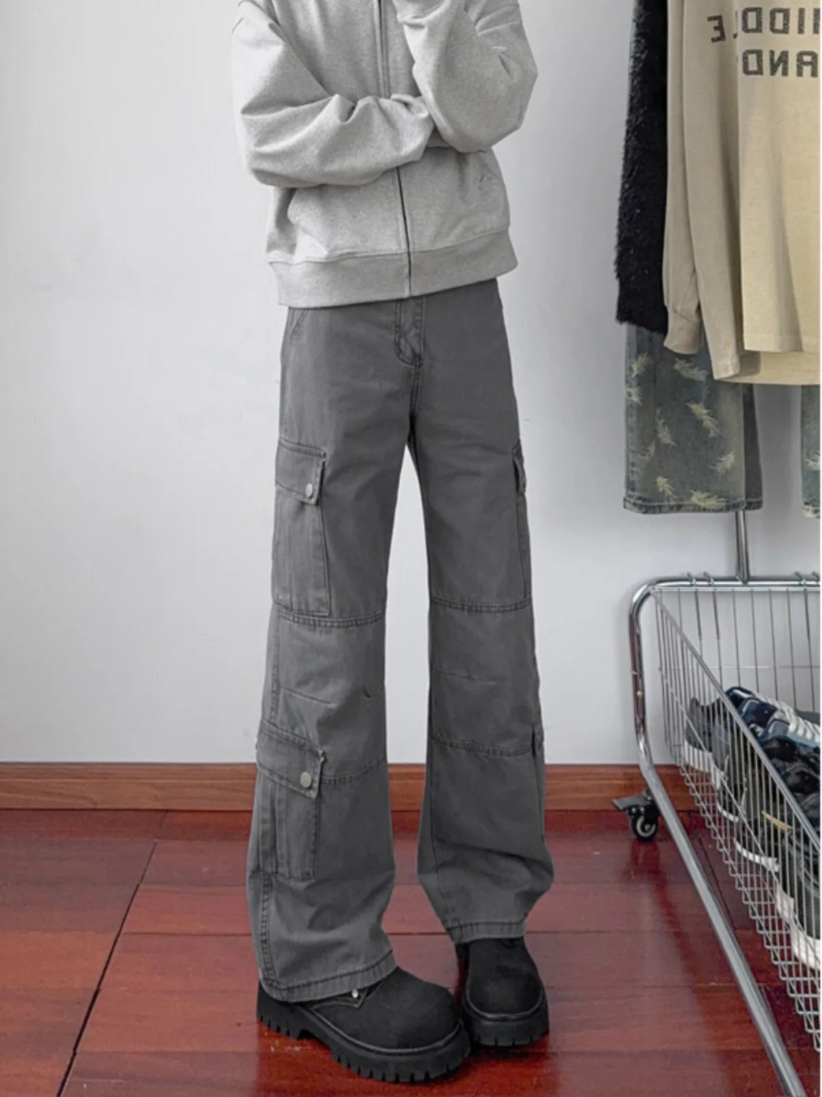 Gray Workwear Pants Men's Spring Autumn American Retro Washed Straight Leg Multi-Pocket Cleanfit Handsome Jeans Casual Trendy