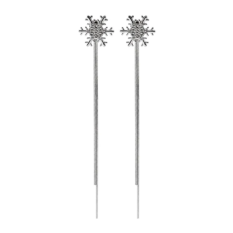 Newly Elegant Long Tassel Earrings with Rhinestone Snowflakes, Wedding Party Christmas Gift for Women, Dangle Ear Studs Jewelry
