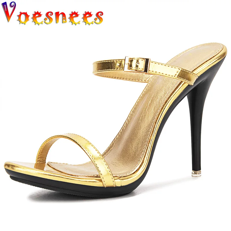 New Design Metal Buckle Slippers Fashion High Heel White One Word Band Shoes Woman Pumps Summer Slides Comfort Everyday Sandals