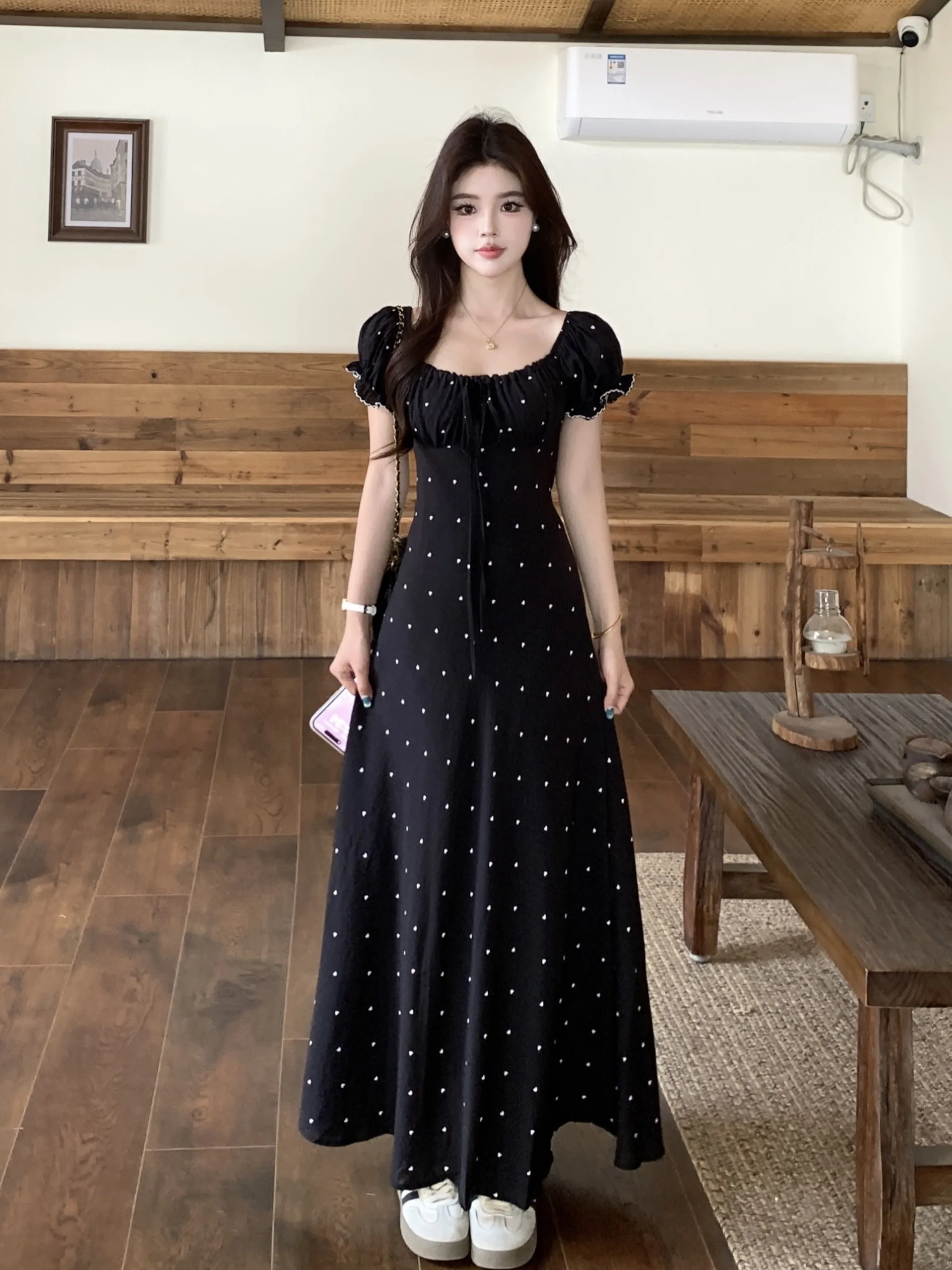

plus Size Heart Print Short Sleeve Dress Korean Style High Waist A-Line Summer Casual Gown Belted Black Dress for Women
