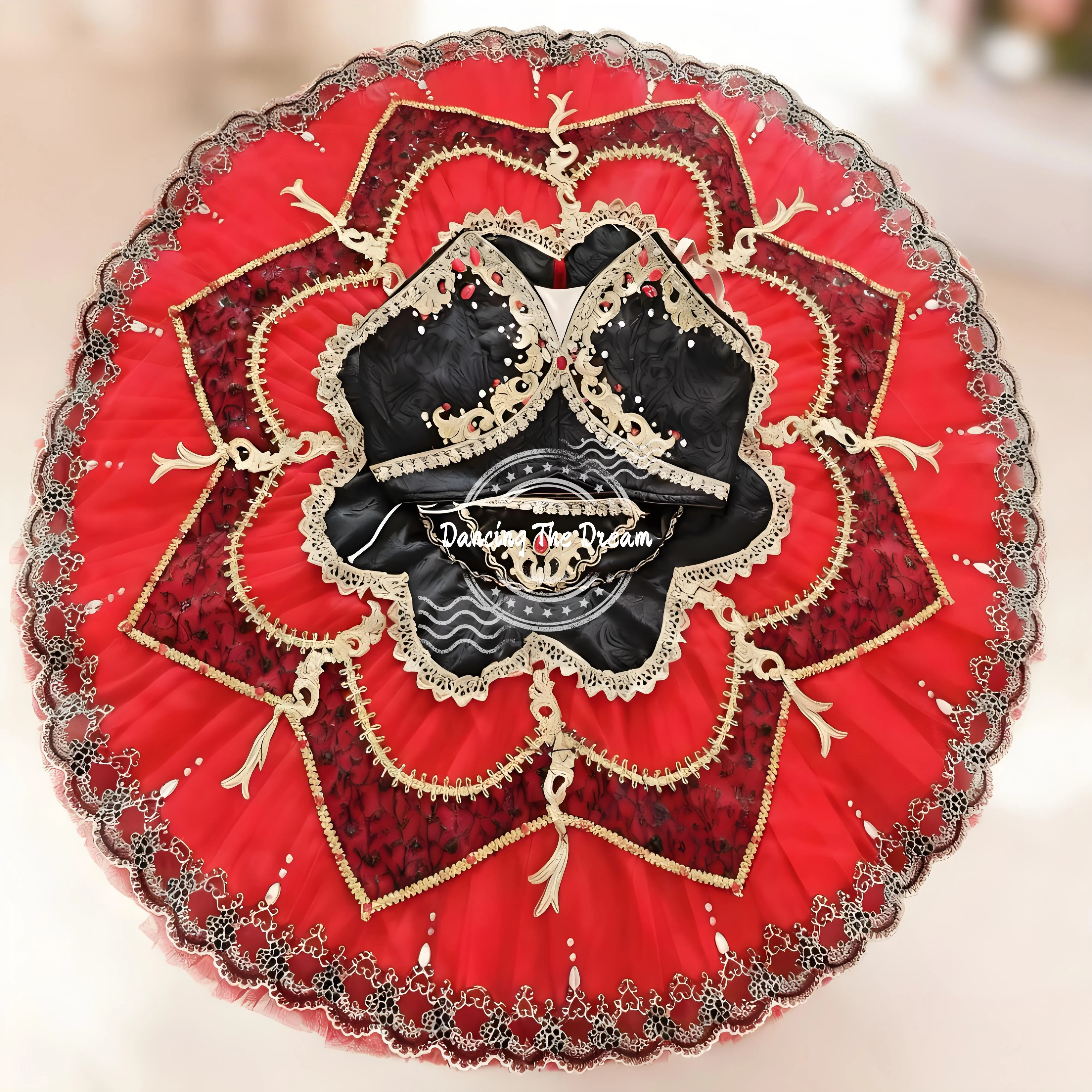 Costume da spettacolo decorato con abito tutù da balletto rosso e nero da donna
