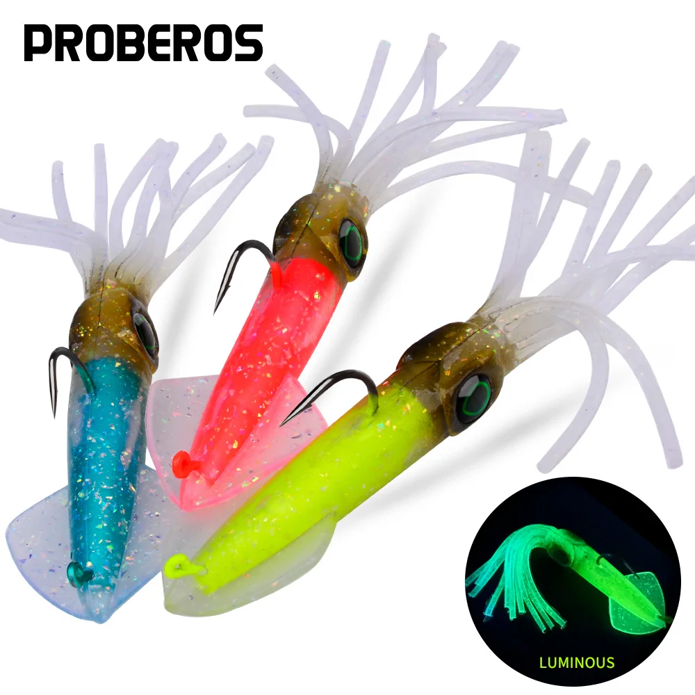 

PROBEROS 1PC Artificial Silicone Drag Swimming Bait Lead Hook Biomimetic Squid Luminous Soft Bait Sea Bass Grouper Fishing Lures