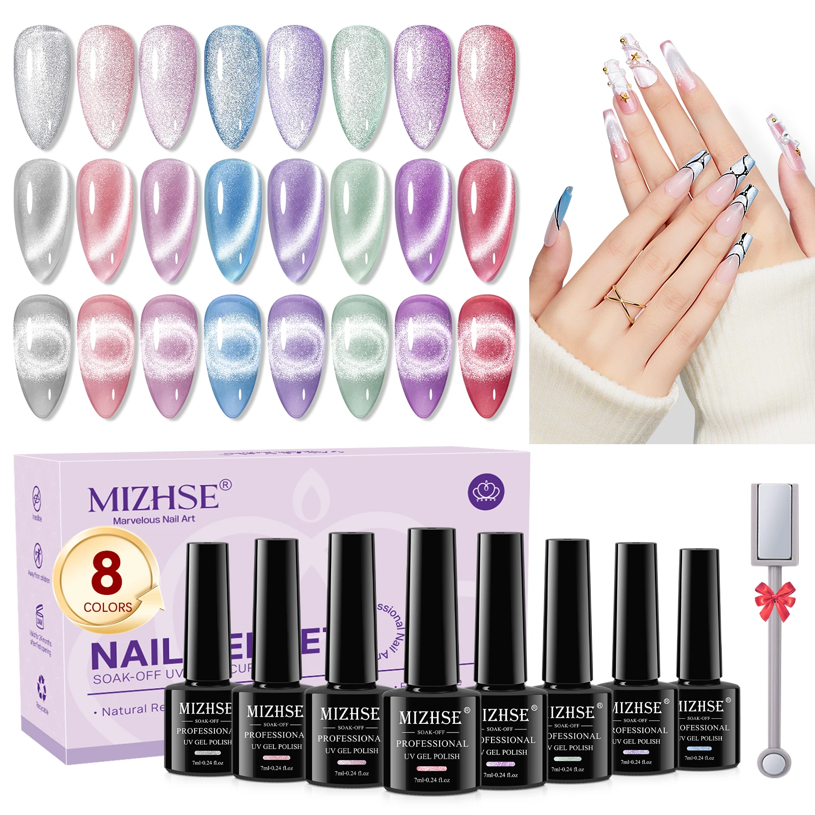 

MIZHSE 8pcs Cat Eye Gel Nail Polish Set, Velvet Magnetic Gel Holographic Reflective Glitter Semi Permanent UV Led Gel Nail Art