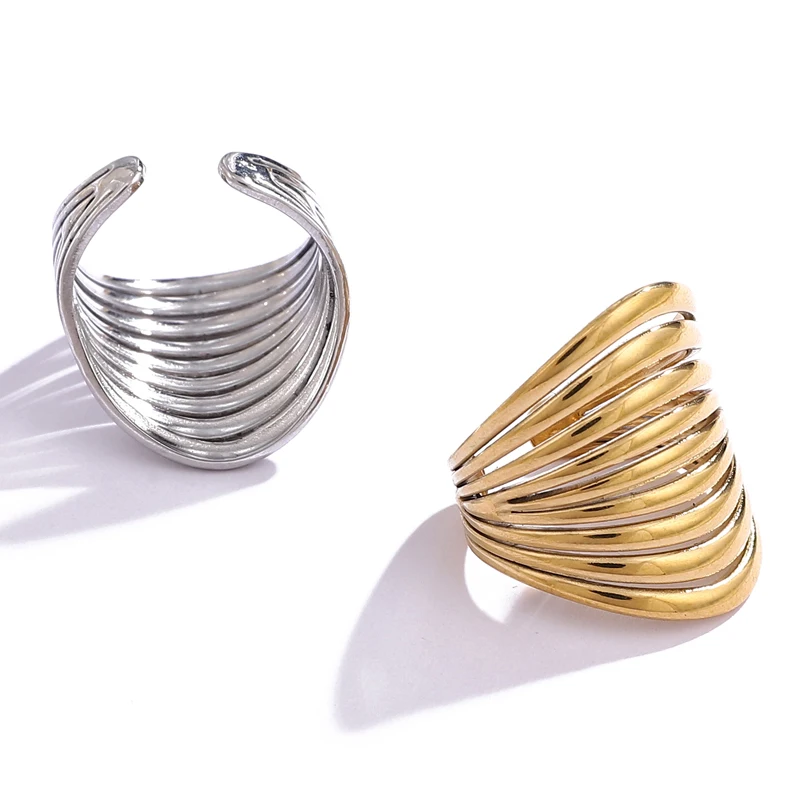 DLHP Stainless Steel Geometric Hollow Multilayer Wide Rings For Women Gold Plated Simple Smooth Open Rings Fashion Jewelry Gifts