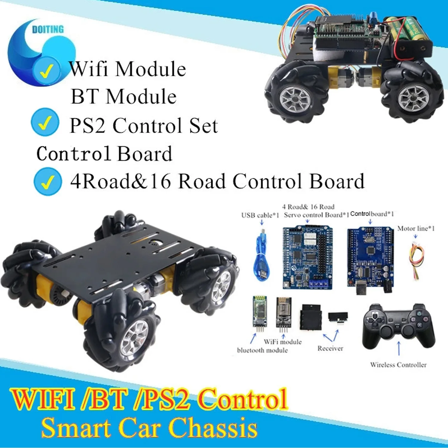 

Free Shipping App/ PS2 Control Smart Car Chassis 60MM Mecanum Wheel RC Robot Wheeled Tank Chassis Kit For Arduino DIY Set MC101