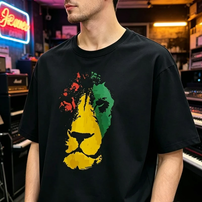 Lion Head Print Men T-Shirt 100% Cotton Red Yellow Green Animal Graphic Tee Casual Streetwear Hip Hop Short Sleeve Top