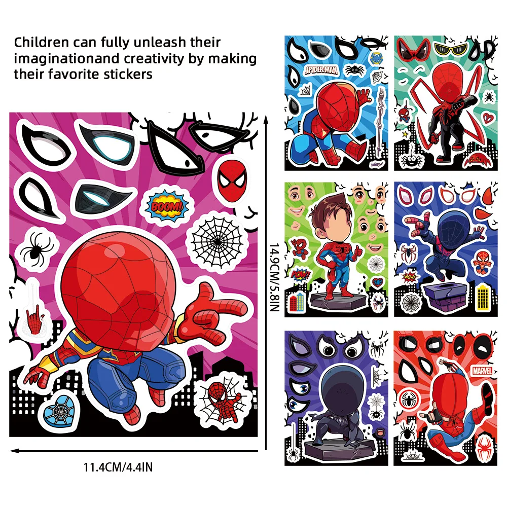 8/16 シート漫画スパイダーマン顔を作るパズルステッカーディズニーアニメクールジグソー組み立てデカール子供 DIY おもちゃパーティーゲームギフト
