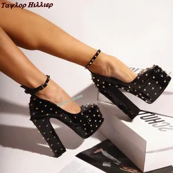 Autumn Rivets Waterproof Platform High Heels Pumps Round Toe Thick Heel Buckle Strap Fashion Banquet Party Dress Women'S Shoes