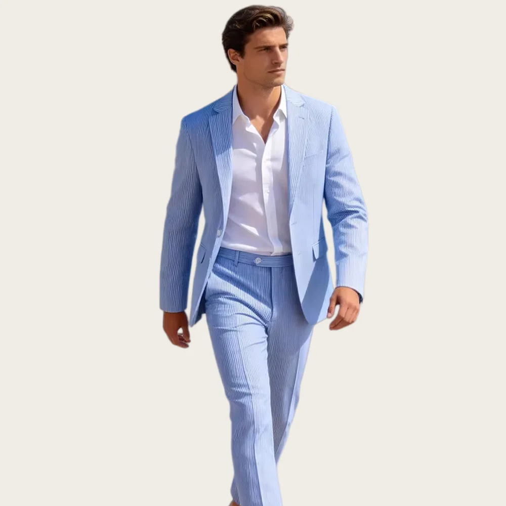 

Sky Blue Men's Suits 2 Piece Pinstripe Slim Fit Summer Man Suit for Beach Wedding Proms Groom Blazer Jacket+Pants Customized