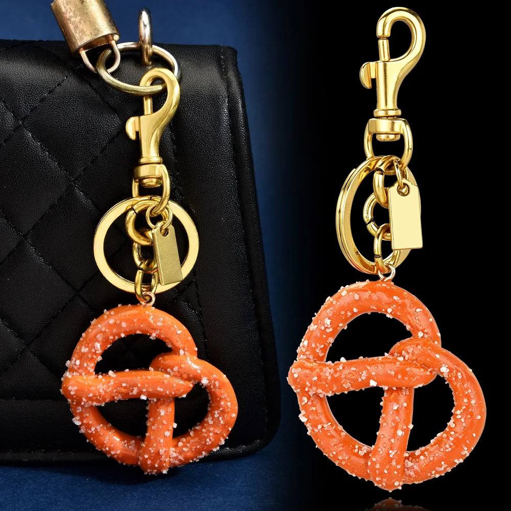 Miniature Faux Food Pretzel Bag Charm Gold Plated Metal Keychain Quirky Purse Accessory Custom Engraved Gifts for Foodie Women
