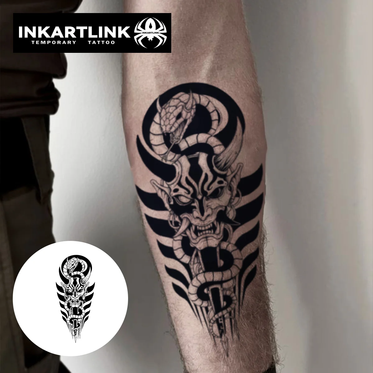 INKARTLINK 1PC Herbal Oni Mask Snake Tattoo Lasts 2-5 Days, Unisex for Parties, Festivals & Bold Style