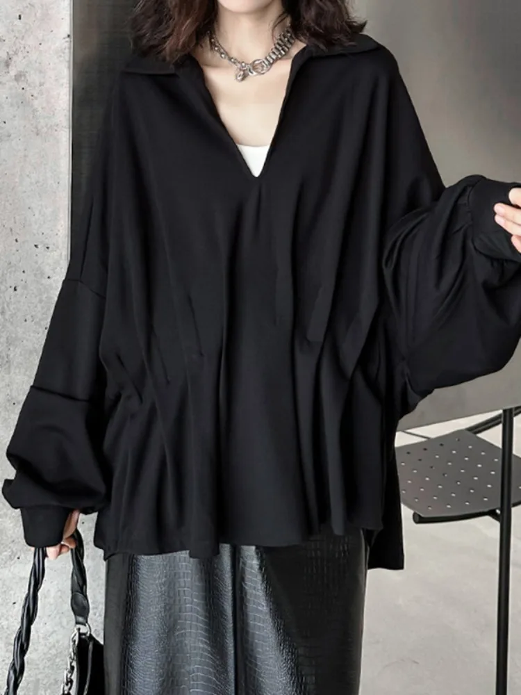 

Bonboho Women's Black V-Neck Pleated Shirt 2025 Fall New Oversized Long Sleeves T-shirt One-size Elegant Blouse Pullover Tops