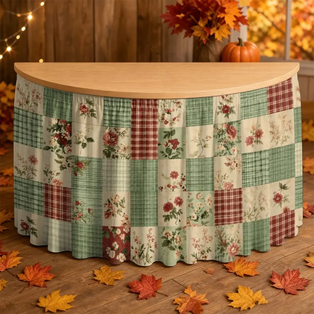 One-piece party table skirt decoration - floral and plaid patchwork overlock pattern ruffled table edge