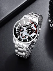 1pcs business style Silver mechanical design Men's alloy quartz watch with calendar selected watch gift