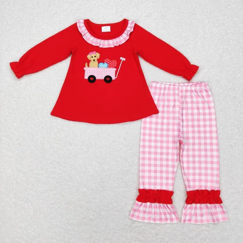 New rts Infant Girls Valentine Set Wholesale Boutique Embroidered Puppy Love Pattern Long Sleeve Pants Girls Clothing