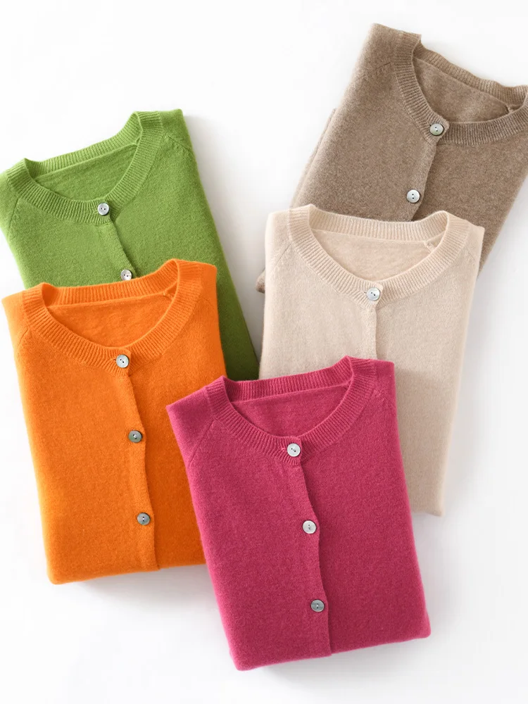 New Chic 100% Merino Wool Sweater Women's Basic O-neck Cardigan Soft Grace Knitwear Coat Spring Autumn Female Wool Clothes Tops