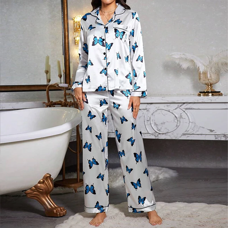 

Butterfly Floral Print Satin Pajama Set Long-Sleeve Lapel Top With Pocket And Long Pant Smooth Touch Women's Sleepwear Nightwear
