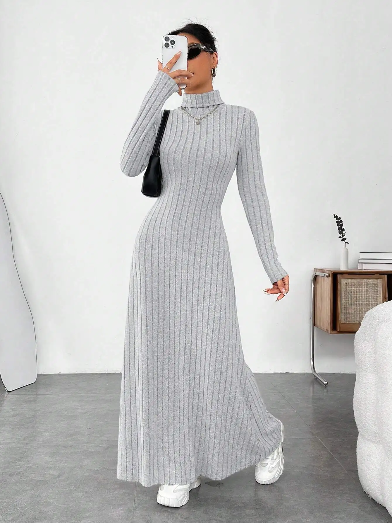 Fall Winter Ladies Ribbed Knitted Maxi Dresses High Neck Long Sleeve Solid Color Slim Bodycon Long Casual Party Daily Dress