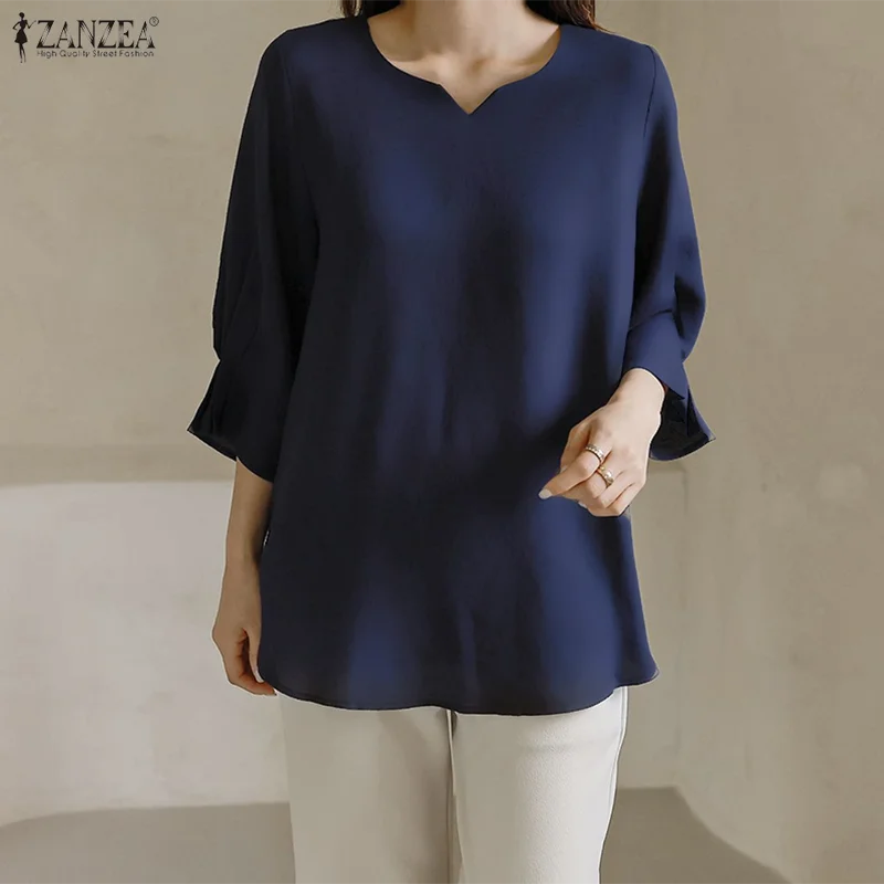 بلوزة نسائية أنيقة لخريف 2025 من ZANZEA بلوزة نسائية متينة 3/4 كم قمصان غير رسمية فضفاضة ذات ثنيات أنيقة للمكتب بلوزات نسائية