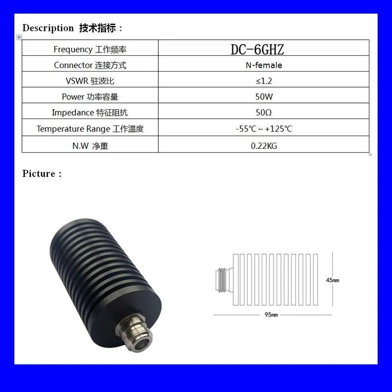 Imagem -06 - Conector Fêmea n Carga de Ruptura rf Carga Manequim 50w 50ohm dc a 3ghz 4ghz 6ghz