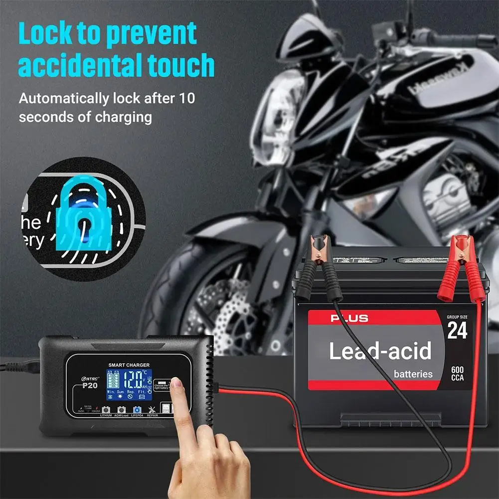 Cargador de batería inteligente portátil para coche y motocicleta, reparación de pulso automática, carga de batería de plomo-ácido, AGM, 15A/20A