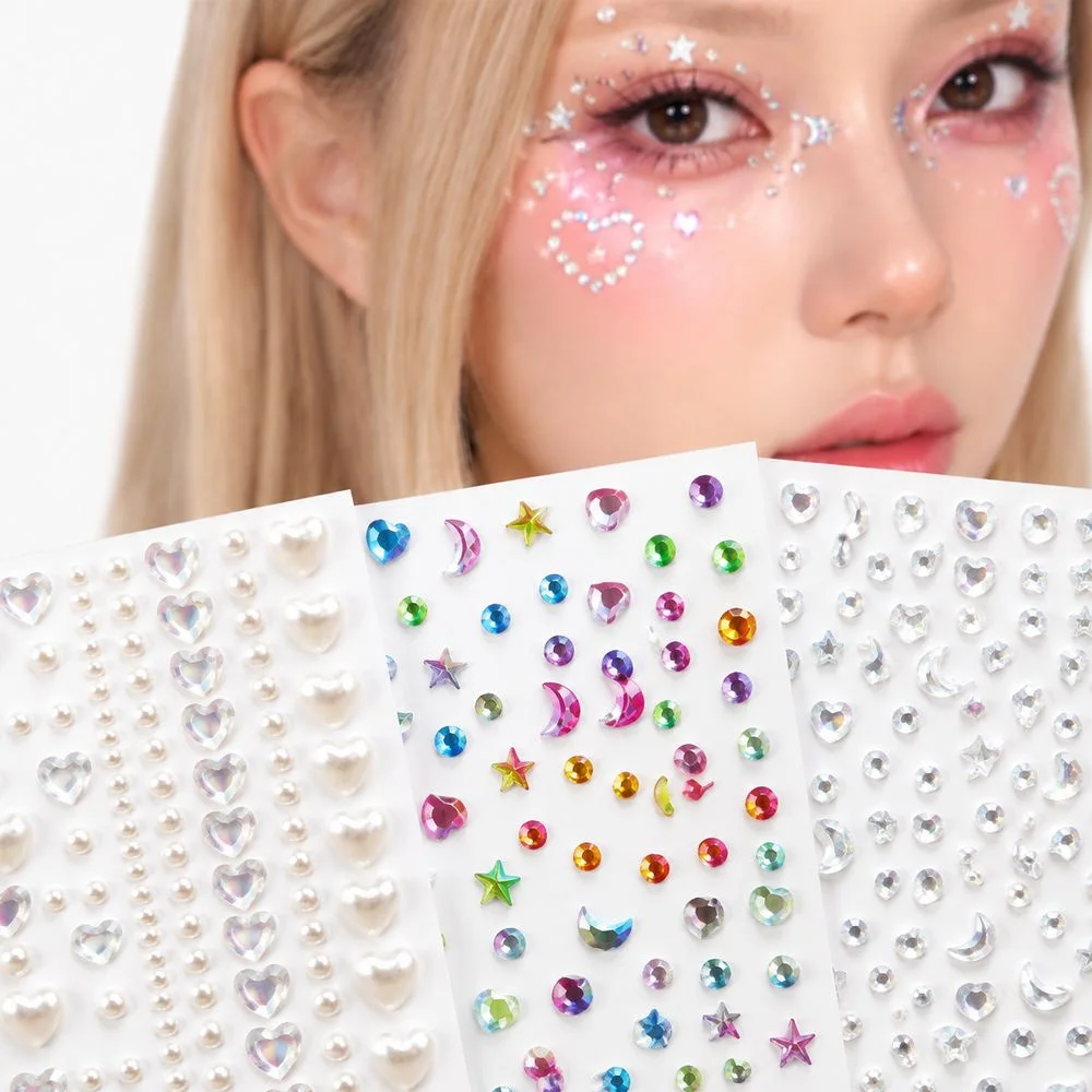 3Pcs/Set Festival Face Jewels Stickers Moon Star Shape Self‑Adhesive Rhinestone Gems For Rave Party Carnival Body Eye Decoration