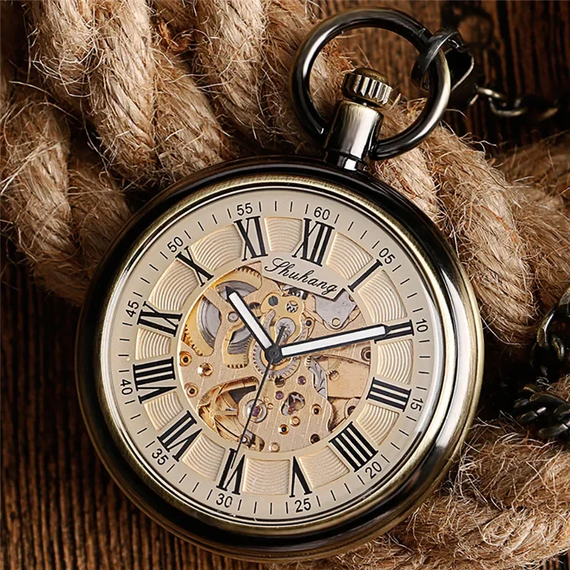 Retro Bronze Men Women Automatic Mechanical Pocket Watch Luminous Hands Roman Numeral Pendant Chain Relogio De Bolso Gift