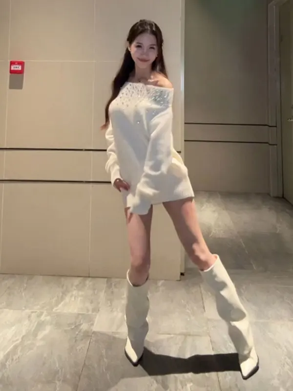 

Модный свободный вязаный свитер с открытыми плечами для женщин, элегантный, нежный, стильный, длинный, теплый, стандартного кроя, цветной