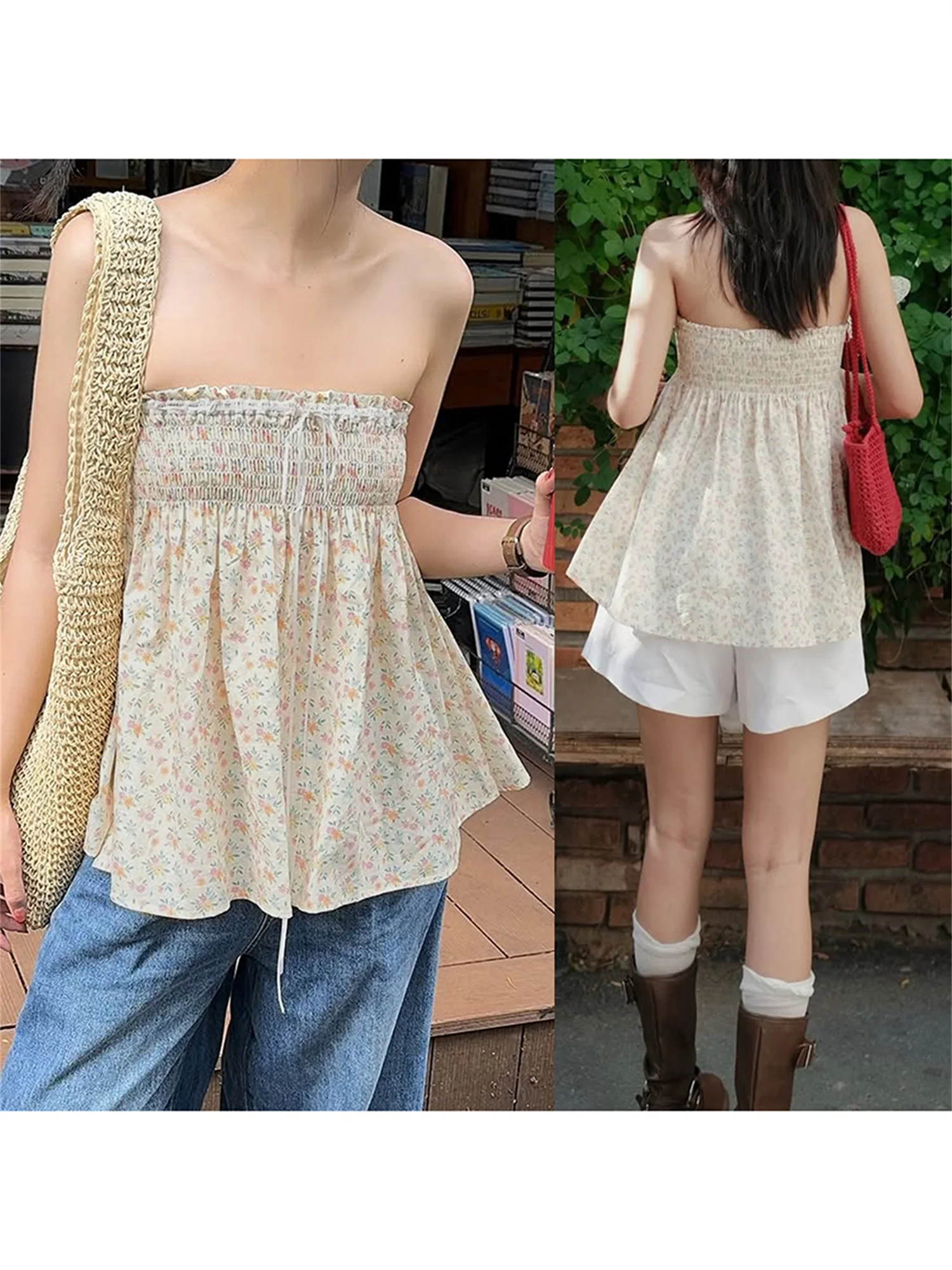 Haut tubulaire sans bretelles à imprimé Floral pour femmes, avec détails plissés, Design dos nu, parfait pour les vêtements de club d'été