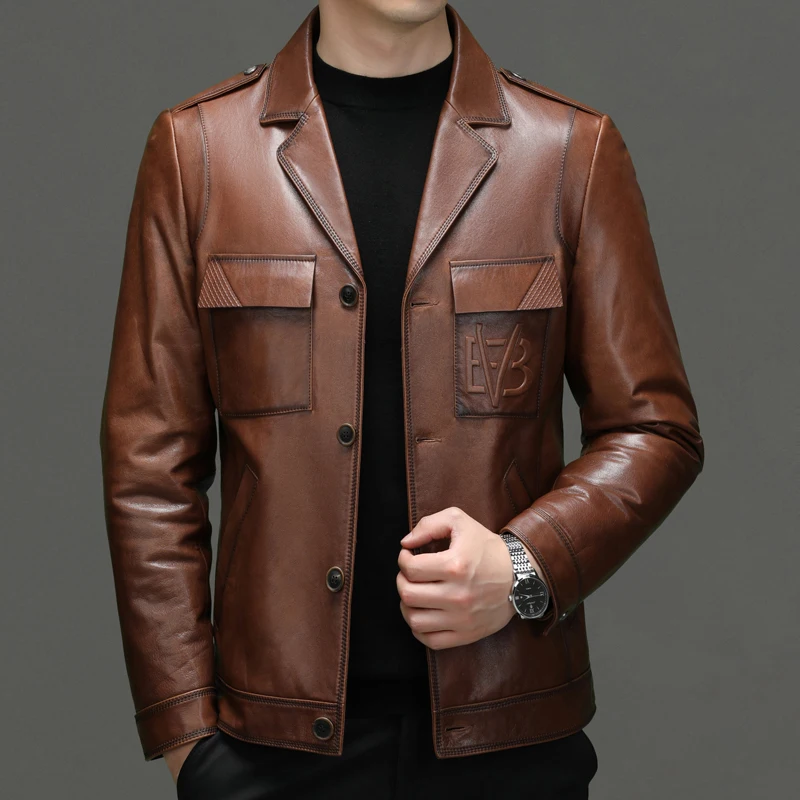 2023 High-quality autumn and winter new men's fashion handsome casual Haining leather suit collar jacket cowhide coat  M-5XL